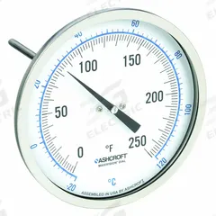 ASHCROFT Dial Thermometer: 0°F to 250°F /-20°C to 120°C, ±1% Accuracy, 2.5 in Stem Lg, 5 in Dial Dia (MPN 50EI60E). Key specifications — Accuracy: ±1 %; Brand: ASHCROFT.