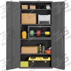 DURHAM MFG Storage Cabinet: 36 in x 18 in x 84 in, Swing Handle & Keyed, 14 ga Panel Thick, Frame (MPN 3603-95). Key specifications — attr62698: Gray; attr62736: Welded; attr87895: Frame; attr62693: Assembled; attr62737: Stationary; attr62694: Adjustable; attr62695: Powder Coated; attr62696: Steel.