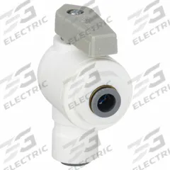 PARKER Manual Two-Way Ball Valve: 1/4 in, Polypropylene, Angle, Push x Push, Full Port Ball Port (MPN LFPP4VEU4). Key specifications — Brand: PARKER; Handle: Lever.