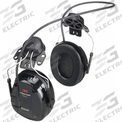 3M PELTOR Electronic Ear Muffs: Hard Hat-Mounted Earmuff, 19 dB NRR, 3.5mm Stereo, Listen, Black (MPN MT13H220P3E). Key specifications — Cup Color: Black; Intrinsically Safe: No; Connection Type: 3.5mm Stereo; Compatible with Series: Slotted Front-Brim Hard Hats; Two-Way Radio Communication Type - MERCH: Listen Only; Brand: 3M PELTOR; Foldable: No; Compatible Hard Hats: Slotted Front-Brim Hard Hats.