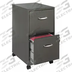 SPACE SOLUTIONS Vertical File Cabinet: Metallic Charcoal, 2 Drawers, 26 3/4 in Overall Ht, Steel (MPN 22616). Key specifications — attr988670: Powder Coated; attr988694: Steel; attr988691: Integrated; attr988652: SPACE SOLUTIONS; attr988656: Metallic Charcoal.