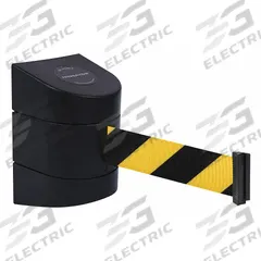 TENSABARRIER Barrier Post with Belt: Removable Mounting Plate, 15 ft Belt Lg, Pattern, Black/Yellow (MPN 897-15-R-33-NO-D4X-C). Key specifications — Frame Color: Black; Brand: TENSABARRIER; Belt Color: Black/Yellow.