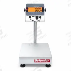 DEFENDER Industrial Bench Scale: 12 in x 14 in, IP65/IP66, Column-Mounted, Stainless Steel (MPN D33XW75C1R6). Key specifications — Connection Ports: Ethernet; Readability: 0.02 lb/10 g; Brand: DEFENDER; Weighing Surface Material: Stainless Steel.