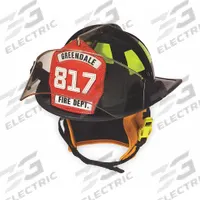 CAIRNS Fire Helmet: Red, Fiberglass, Traditional Rear Brim, Chin Strap, Ratchet (MPN 1010FSR). Key specifications — Color: Red; Chin Strap: Yes; Brand: CAIRNS; Shell Material: Fiberglass; Style: Traditional Rear Brim; Suspension: Ratchet.