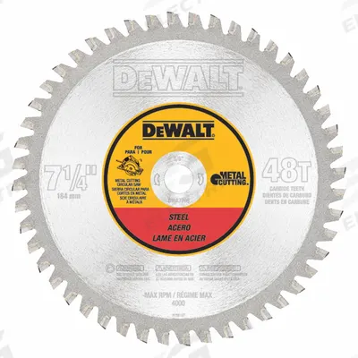 DEWALT Circular Saw Blade: 7 1/4 in Blade Dia., 48 Teeth, 0.08 in Cut Wd, 5/8 in Arbor Size - Steel & General Metal-Cutting Blades