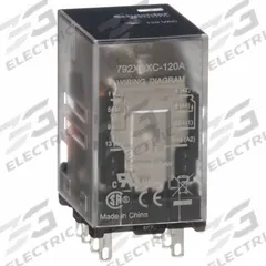 SCHNEIDER General Purpose Relay: Socket Mounted, 12 A Current Rating, 120V AC, DPDT, K Socket (MPN 792XBXC-120A). Key specifications — Brand: SCHNEIDER; Base Type: Square; Mounting Style: Plug-In; Electrical Connection: Faston Connector; Manufacturer Part Number: 792XBXC-120A; Operating Current: 6 A AC-1 (NC Conforming to IEC); Series: 792 Series.