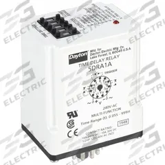 DAYTON Multi-Function Time Delay Relay: Socket Mounted, 240V AC, 10 A, 11 Pins/Terminals (MPN 5DRA1). Key specifications — Delay Function: Multi Function; Mounting Style: Plug-In; Input Voltage: 240V AC; Brand: DAYTON.