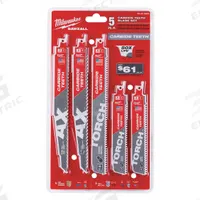 MILWAUKEE Reciprocating Saw Blade Set: 5 Pieces, Reciprocating Saw Blade Set, 6 in_9 in Blade Lg (MPN 49-22-5505). Key specifications — attr1132189: MILWAUKEE; attr1132196: (2) 9" 5 TPI Wood THE AX™ w/ Carbide Teeth SAWZALL® Blades.