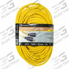 SOUTHWIRE Extension Cord: Outdoor Use, 100 ft Lg, Outlet, L5-20P, 12/3, SJTW, Yellow, 15 A Current (MPN 9209SW8802). Key specifications — Brand: SOUTHWIRE; Temperature Rating: -40 Degrees to 140 Degrees F; NEMA Plug Configuration: L5-20P.
