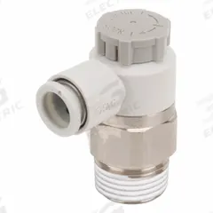 SMC Speed Control Valve: Elbow Fitting, Knob, 3/8 in Valve Body Size, 8 mm Tube, Meter Out (MPN AS3201F-03-08SA). Key specifications — attr947203: Brass/PBT; attr947205: SMC.