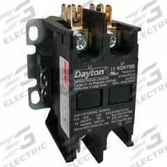 DAYTON Definite Purpose Magnetic Contactor: 2 Poles, 120V AC, 25 A, Non-Reversing (MPN 6GNY9). Key specifications — Brand: DAYTON; Coil Voltage: 120V AC; Contactor Style: HVACR Definite Purpose Contactor; Mounting Style: Through Panel; Terminal Connection Type: Screw Terminals; Maximum Voltage Rating: 600V AC; Phase: Single; Main Pole Contact Form: 2NO.