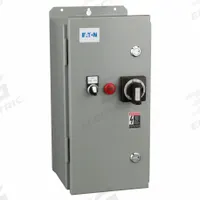 Combination Motor Starter: 3 Poles, Circuit Breaker, 32 A, 240V AC Coil, Thermal Protection, 240V AC (MPN ECX77H8BJD-Q). Key specifications — Brand: EATON; Auxiliary Contact Form: 1NO; Coil Voltage: 240V AC; Control Transformer: Yes; Wire Termination Type: Screws; Poles/Phase: 3 Pole / Three Phase; Operator Type: Hand/Off/Auto (Selector Switch); Thermal Unit Type: Adjustable Thermal Units (Included).