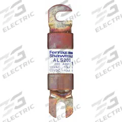 MERSEN Forklift Limiter Fuse: ALS Series, Bolt-On, Gen Purpose, 200 A, 125 V DC, Non-Indicating (MPN ALS200). Key specifications — Brand: MERSEN; Series: ALS.