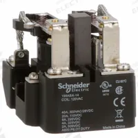 SCHNEIDER Open Power Relay: Surface Mounted, 40 A Current Rating, 120V AC, DPDT, 8 Pins/Terminals (MPN 199ABX-14). Key specifications — Brand: SCHNEIDER; Base Type: Octal; Mounting Style: Surface; Electrical Connection: Screw Terminal; Manufacturer Part Number: 199ABX-14; Operating Current: 20 A at 110V DC (Resistive Load); Series: 199 Power Series.