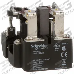 SCHNEIDER Open Power Relay: Surface Mounted, 40 A Current Rating, 120V AC, DPDT, 8 Pins/Terminals (MPN 199ABX-14). Key specifications — Brand: SCHNEIDER; Base Type: Octal; Mounting Style: Surface; Electrical Connection: Screw Terminal; Manufacturer Part Number: 199ABX-14; Operating Current: 20 A at 110V DC (Resistive Load); Series: 199 Power Series.