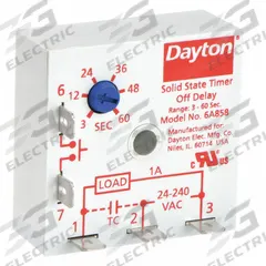 DAYTON Single Function Encapsulated Timing Relay: Surface Relay Mounting, 24 to 240V AC (MPN 6A858). Key specifications — Brand: DAYTON.
