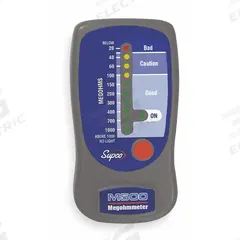 SUPCO Megohmmeter: 20 megaohm to 1 gigohm, CAT I, Digital, No Output, Test Volt 500V DC (MPN M500). Key specifications — IP Rating: Not Rated; Test Voltage: 500V DC; Brand: SUPCO.