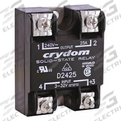 CRYDOM Solid State Relay: Surface Mounted, 50 A Max Output Current, SCR, AC Output (MPN D2450-B). Key specifications — Brand: CRYDOM; Current Type: AC; Electrical Connection: Screw Clamp; Finger Safe: No; Input Current: 12 mA; Maximum Output Current without Heat Sink: Not Recommended; Mounting Style: Panel; Output Voltage: 24 to 280V AC.