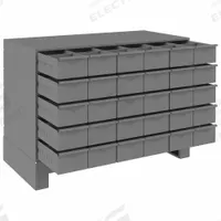 DURHAM MFG Drawer Bin Cabinet: 34 in x 17 3/4 in x 26 1/4 in, 30 Drawers, Stackable, Steel, Gray (MPN 027-95). Key specifications — Cabinet Material: Steel; Includes Dividers: Yes; Cabinet Finish: Powder Coated; Drawer Color: Gray; Cabinet Style: Drawer; Assembled: Assembled; Drawer Inside WxDxH: (30) 5-7/16 in x 17-3/4 in x 3-3/16 in; Cabinet Color: Gray.