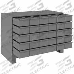 DURHAM MFG Drawer Bin Cabinet: 34 in x 17 3/4 in x 26 1/4 in, 30 Drawers, Stackable, Steel, Gray (MPN 027-95). Key specifications — Cabinet Material: Steel; Includes Dividers: Yes; Cabinet Finish: Powder Coated; Drawer Color: Gray; Cabinet Style: Drawer; Assembled: Assembled; Drawer Inside WxDxH: (30) 5-7/16 in x 17-3/4 in x 3-3/16 in; Cabinet Color: Gray.