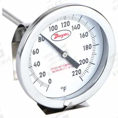 DWYER Clip On Dial Thermometer: 50°F to 330°F, +/- 2% Accuracy, 5 in Stem Lg, Fahrenheit (MPN CBT175061). Key specifications — Accuracy: +/- 2%; Brand: DWYER; Temperature Units: Fahrenheit.