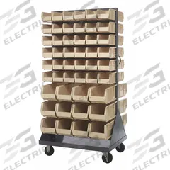 QUANTUM STORAGE SYSTEMS Mobile Louvered Floor Rack: 36 in x 24 in x 72 in, 96 Bins Included, Ivory (MPN QMD-36H-230240IV). Key specifications — Bin Width: (24) 8-1/4 in; Color: Gray; Caster Wheel/Configuration: (2) Swivel; Caster Wheel/Tread Material: Hard Rubber; Bin Color: Ivory; Bin Depth: (24) 14-3/4 in; Bin Height: (24) 7 in; Brand: QUANTUM STORAGE SYSTEMS.
