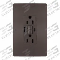 USB Receptacle: Duplex, 5-15R, 2 USB Ports, USB Type A/C, Brown, 125V AC, 15 A, GFCI (MPN 1597TRUSBAC). Key specifications — Brand: LEGRAND.