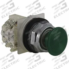 SCHNEIDER Mushroom Head Push Button: Non-Illuminated, Mushroom Head Profile, Non-Metallic, 30 mm (MPN 9001KR4GH13). Key specifications — Brand: SCHNEIDER; Action: Momentary; Series: 9001K; Push Button Material Type: Non-Metallic.