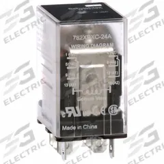 SCHNEIDER General Purpose Relay: Socket Mounted, 15 A Current Rating, 24V AC, DPDT, 8 Pins/Terminals (MPN 782XBXC-24A). Key specifications — Brand: SCHNEIDER; Base Type: Square; Mounting Style: Socket; Electrical Connection: Faston Terminal; Manufacturer Part Number: 782XBXC-24A; Operating Current: 15 A at 28V; Series: 782 Series.