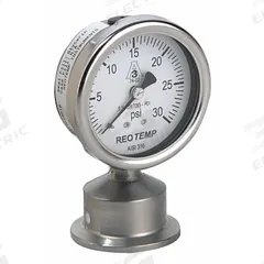 REOTEMP Pressure Gauge: 0 psi to 200 psi, 2 1/2 in Dial, 1 1/2 in Tri-Clamp, Bottom, ±1.50% Accuracy (MPN SG25ATC15P20). Key specifications — Brand: REOTEMP; Case Material: 304 Stainless Steel; Lens Material: Plastic; Pressure Gauge Type: Sanitary Pressure Gauge; Accuracy: ±1.50%; Includes Calibration Certificate: No; Series: SG; Vibration Resistance: Wind Resistant.