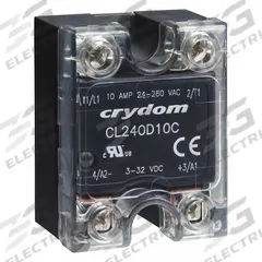 CRYDOM Solid State Relay: Surface Mounted, 5 A Max Output Current, Triac, AC Output (MPN CL240D05RC). Key specifications — Brand: CRYDOM; Current Type: AC; Electrical Connection: Screw Clamp; Finger Safe: Yes; Maximum Output Current without Heat Sink: 2.9 A; Mounting Style: Panel; Output Voltage: 24 to 280V AC; Switch Configuration: Form A.