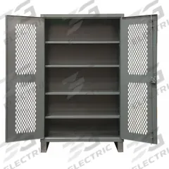 DURHAM MFG Storage Cabinet: 48 in x 24 in x 78 in, 4 Adj Shelves, Swing Handle & Padlock Hasp, Legs (MPN HDCV244878-4S95). Key specifications — Brand: DURHAM MFG; Body Panel Type: Ventilated; Base Type: Legs; Cabinet Color: Gray; Frame Assembled: Assembled.