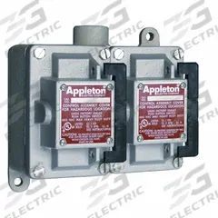 APPLETON ELECTRIC Tumbler Switch: 2 Gang, 1-Pole, 20 A, 277 V AC, Dead-End Hub, 3/4 in Hub Size (MPN EDS275-R1). Key specifications — Brand: APPLETON ELECTRIC.