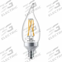PHILIPS Compact LED Bulb: Candelabra Screw (E12), LED, (BA) Bullet Angled, BA11, 2.3 W Watt, Clear (MPN 2.3BA11/PER/UD/CL/G/E12/WGD 6/3PFT20). Key specifications — Bulb Shape: BA11; Voltage: 120V; Bulb Finish: Clear; Color Temperature: 2200K; Brand: PHILIPS; Features: Colored.