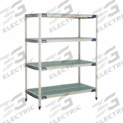 METRO Plastic Industrial Shelving: 24 in x 48 in, 62 in Overall Ht, 4 Shelves, Antimicrobial (MPN X556GX3). Key specifications — Resistance Properties: Antimicrobial; Frame Material: 304 Stainless Steel; Shelving Material: 304 Stainless Steel; Brand: METRO.