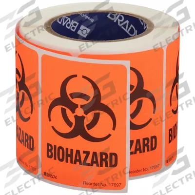 BRADY Handling Label: Biohazard, 2 7/8 in x 4 in, 2 7/8 in Label Wd, 4 in Label Ht