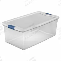 STERILITE Storage Tote: 26.5 gal, 33 7/8 in x 18 3/4 in x 13 in, Clear Body, White Lid, White, Clear (MPN 14998004). Key specifications — attr1188666: Plastic; attr1188675: Clear; attr1188676: White; attr1188687: STERILITE.