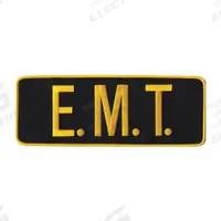 HEROS PRIDE Embroidered Patch: E. M. T., 11 in x 4 in, Black/Gold, Plastic, Sew-On, Back (MPN 10067). Key specifications — attr1074238: Sew-On; attr188498: 11 in x 4 in; attr188499: Black; attr188500: Plastic; attr188503: E. M. T.; attr193746: HEROS PRIDE.