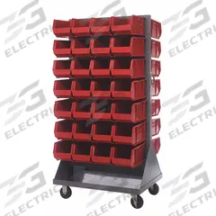 QUANTUM STORAGE SYSTEMS Mobile Louvered Floor Rack: 36 in x 24 in x 72 in, 56 Bins Included, Red (MPN QMD-36H-240RD). Key specifications — Bin Width: 8-1/4 in; Color: Gray; Caster Wheel/Configuration: (2) Rigid; Caster Wheel/Tread Material: Hard Rubber; Bin Color: Red; Bin Depth: 14-3/4 in; Bin Height: 7 in; Brand: QUANTUM STORAGE SYSTEMS.
