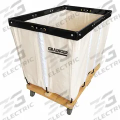 GRAINGER Basket Truck: 7.5 cu ft, 600 lb, 29 in L x 19 in W x 26 1/2 in H, White, Wood, Assembled (MPN 33W329). Key specifications — Brand: GRAINGER; Liner Color: White; Caster/Wheel Configuration: (4) Swivel; Assembled/Unassembled: Assembled.
