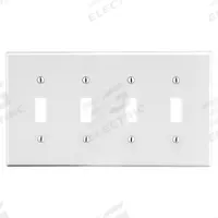 HUBBELL Wall Plate: Toggle, 4 Gang, White, Std Size (MPN P4W). Key specifications — Brand: HUBBELL; Material: Polycarbonate.