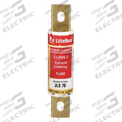 LITTELFUSE Fuse: JLS Series, Class J, Bolt-On Body, Fast-Acting, 70 A, 600 V AC, Non-Indicating (MPN JLS070). Key specifications — Series: JLS; Brand: LITTELFUSE.