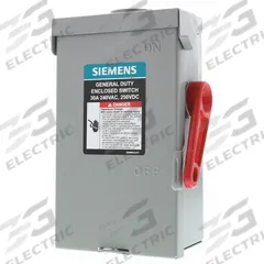 SIEMENS Safety Switch: Fusible, 30 A, Three Phase, 240V AC, Galvanized Steel, Indoor/Outdoor (MPN GF321NRA). Key specifications — Brand: SIEMENS.