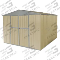 Storage Shed: 12 in W x 9 ft D x 7 in H, 561 cu ft, Beige, 11 1/4 ft L x 8 3/8 ft D x 6 7/8 ft H (MPN 13X112). Key specifications — Brand: APPROVED VENDOR; Product Type: Outdoor Storage Shed; Assembled: Unassembled; Fire Rating: Not Rated; Lockable: Yes; Color: Beige.