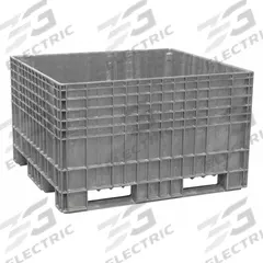 BUCKHORN Bulk Container: 25.9 cu ft, 48 in x 44 in x 29 3/8 in, Lid Not Included, 2-Way Entry, Gray (MPN BF4844290051000). Key specifications — Brand: BUCKHORN; Stackable: Stacking Capable; Shape: Rectangular; Fork Entry: 2-Way Entry; Container Wall Type: Solid; Mobility: Stationary; Collapsible: Rigid; Fork Pockets: Fork Pockets Included.