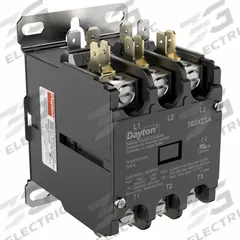 DAYTON Definite Purpose Magnetic Contactor: 3 Poles, 24V AC, 40 A, Non-Reversing (MPN 783XZ5). Key specifications — Brand: DAYTON; Coil Voltage: 24V AC; Contactor Style: HVACR Definite Purpose Contactor; Mounting Style: Through Panel; Terminal Connection Type: Box Lugs; Maximum Voltage Rating: 600V AC; Phase: Three; Main Pole Contact Form: 3NO.