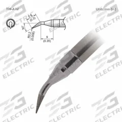 HAKKO Soldering Tip: T39 Series, Bent Conical, 0.2 mm W, 16.5 mm Lg (MPN T39-JL02). Key specifications — Brand: HAKKO; Compatible Handpiece Manufacturer Model Number: FX-9701; Manufacturer Part Number: T39-JL02.