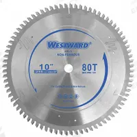 WESTWARD Circular Saw Blade: 10 in Blade Dia., 80 Teeth, 0.11 in Cut Wd, 5/8 in Arbor Size, Carbide (MPN 24EL75). Key specifications — attr1116119: WESTWARD; attr1145631: Aluminum.