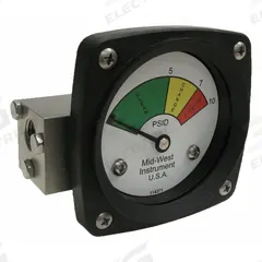 MIDWEST INSTRUMENT 3-Color Differential Pressure Indicator: 1,000 psig Max. Static Pressure, 522 (MPN 522S-010). Key specifications — Brand: MIDWEST INSTRUMENT; Accuracy: ±5% of Full Scale; Sensor Material: Buna-N; Housing Material: Stainless Steel; Transition Points: 0 psid to 5 psid (Green) / 5 psid to 7 psid (Yellow) / 7 psid to 10 psid (Red).