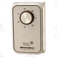 JOHNSON CONTROLS Line Volt Mechanical Tstat: Heat Only, On, 40° to 75°F, Exposed Dial, 24 to 277V AC (MPN T26A-14C). Key specifications — Application: Heat Only; System Settings: On; Switch Type/Action: SPST, Open on Rise; Temperature Control Range: 40° to 75°F; Stages: 1H; Voltage: 24 to 277V AC; Brand: JOHNSON CONTROLS; Control Type: Exposed Dial.
